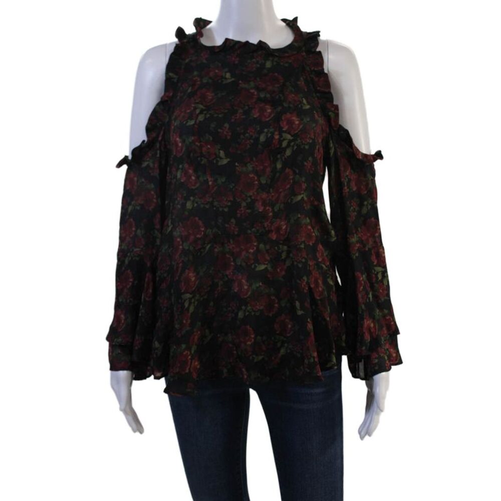 IRO Jeans Women Silk Floral High Neck Button Long Sleeve Blouse Black Size 38